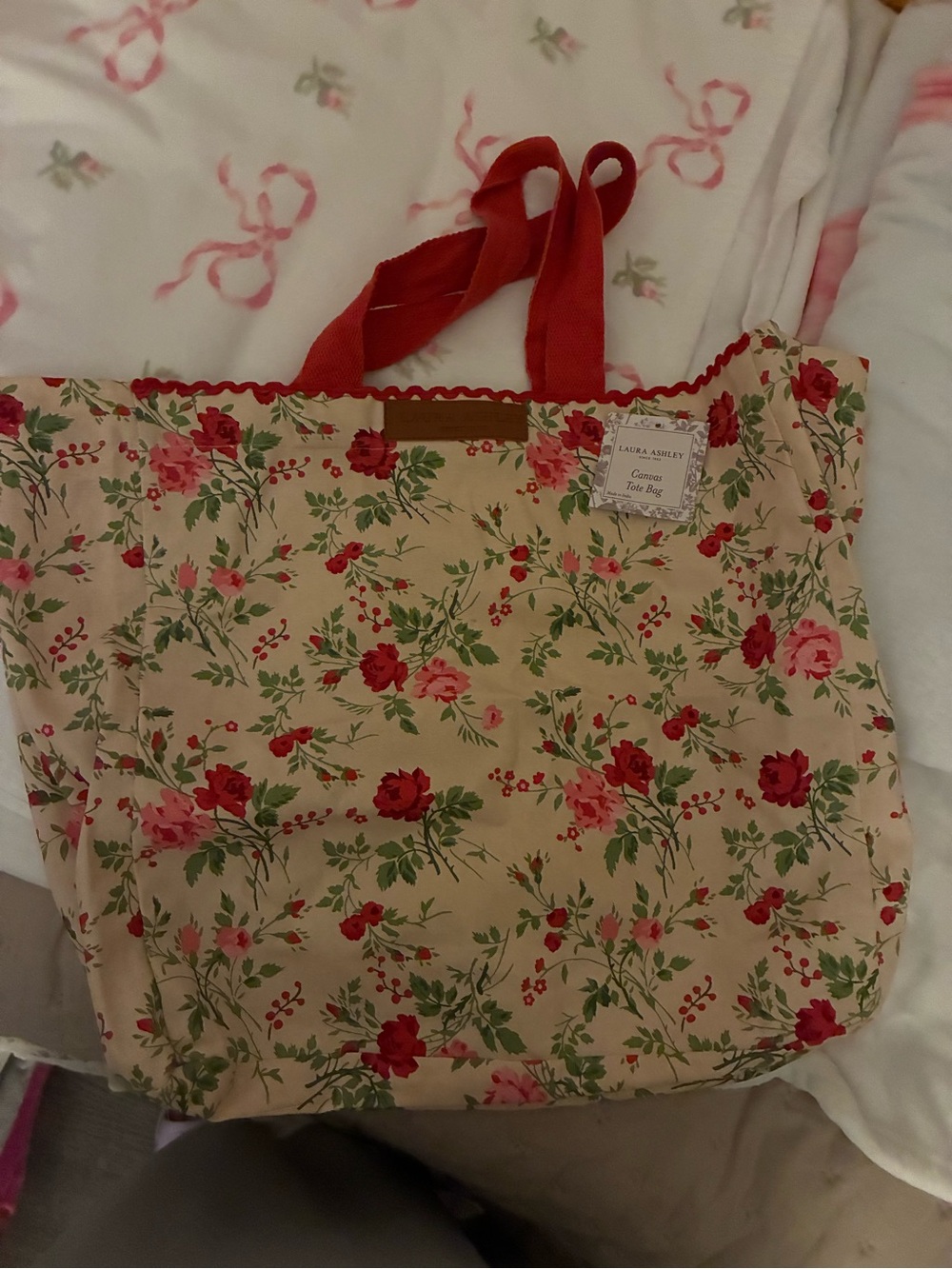 Laura Ashley Cream Floral Canvas Tote with Red Handles
